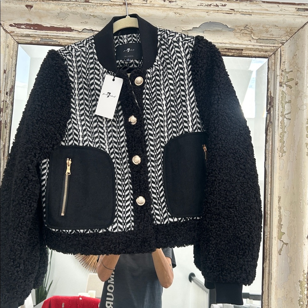 7 For All Mankind Tweed and Sherpa Mixed Media Jacket